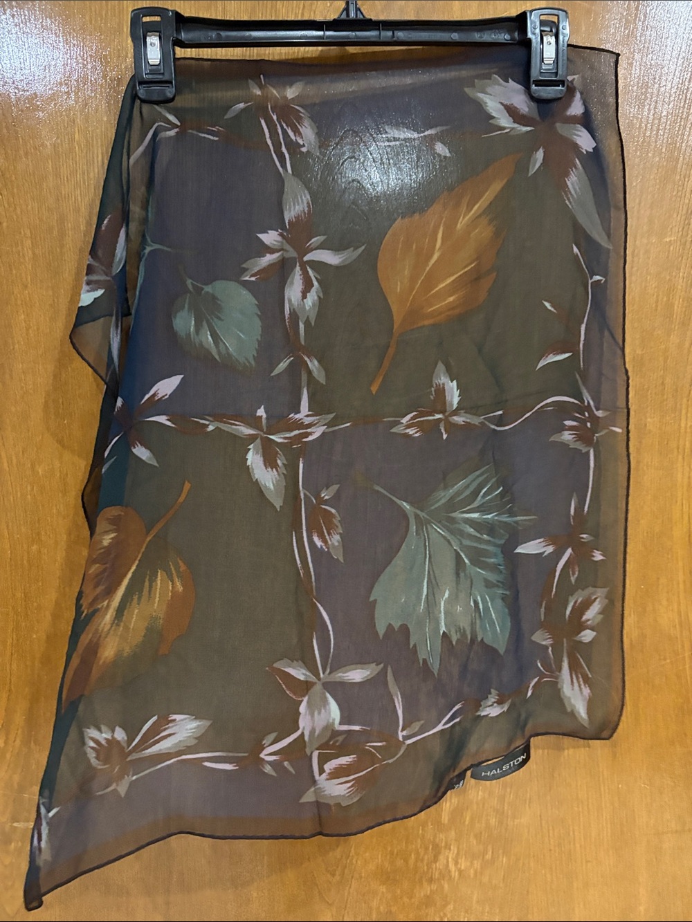100% SILK VINTAGE Halston lifestyle Brown Scarf with Navy & Mustard Leaf Print